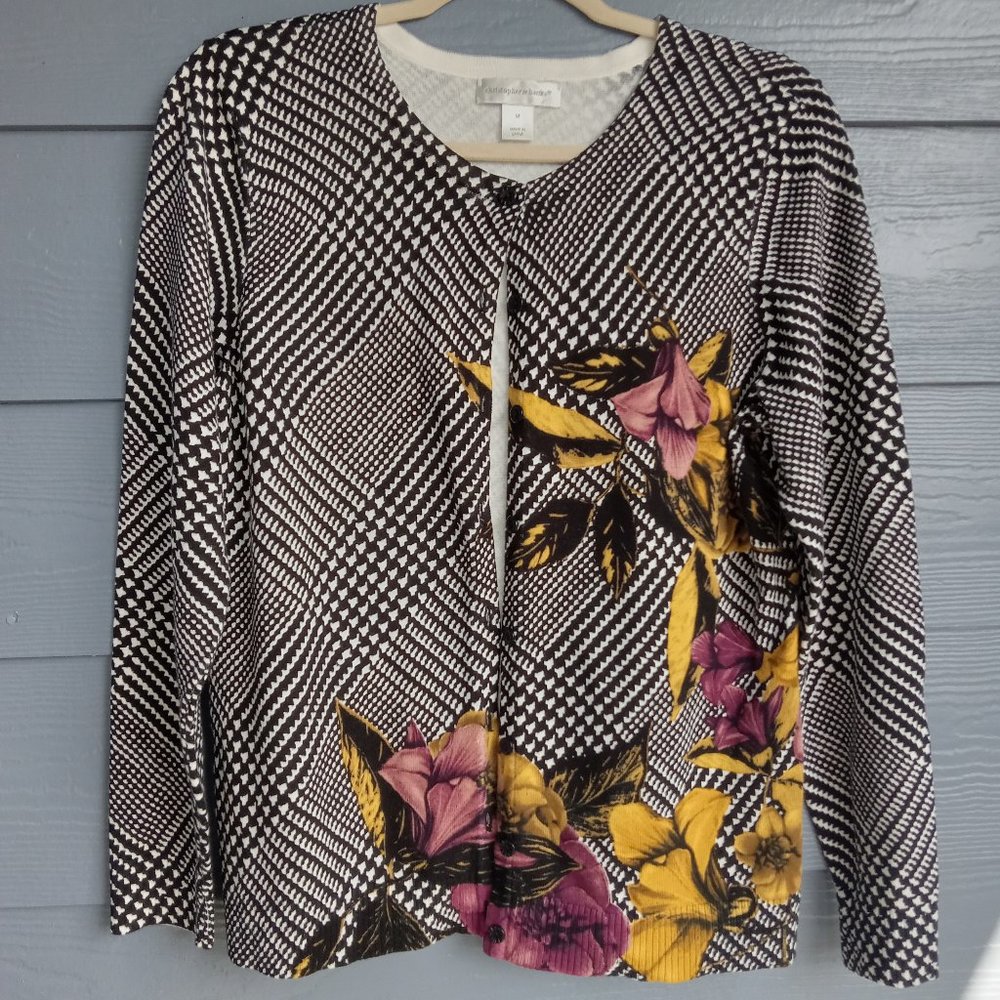 Christopher & Banks Flower cardigan sweater Black White Medium
